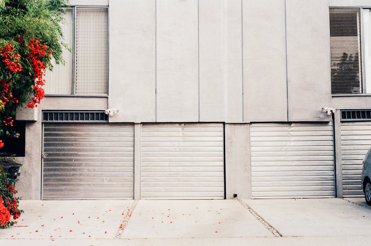 Modern garage facade with red flowers and minimalist design, perfect for urban settings.